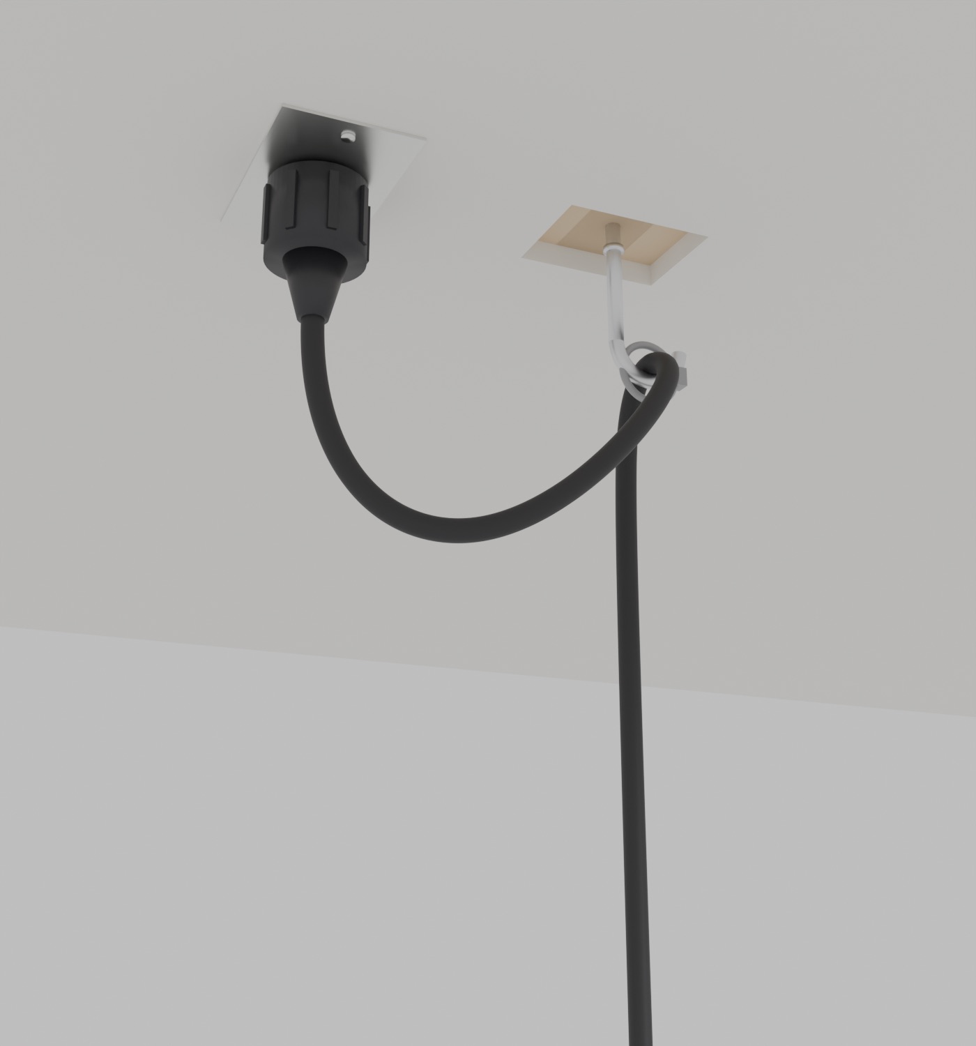 Rendered view from below the garage ceiling: a twist-lock plug locked into a ceiling receptacle behind a stainless plate, the cord drooping in a slack loop up to a screw hook driven into a joist, held in the hook by a zip tie, then running straight down to the desk.